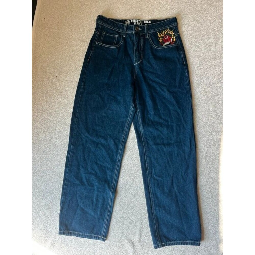 Ninth Hall Idle Rinse Straight Leg Dark Wash Jeans Embroidered Tiger Patch 6 - Picture 3 of 8